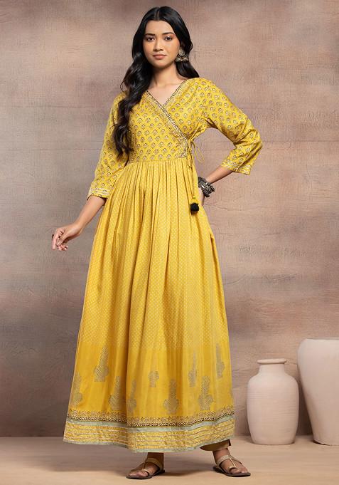 Yellow Floral Print Angrakha Kurta