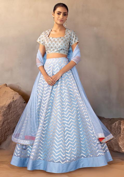 Pastel Blue Chevron Lehenga Set With Embroidered Blouse And Dupatta