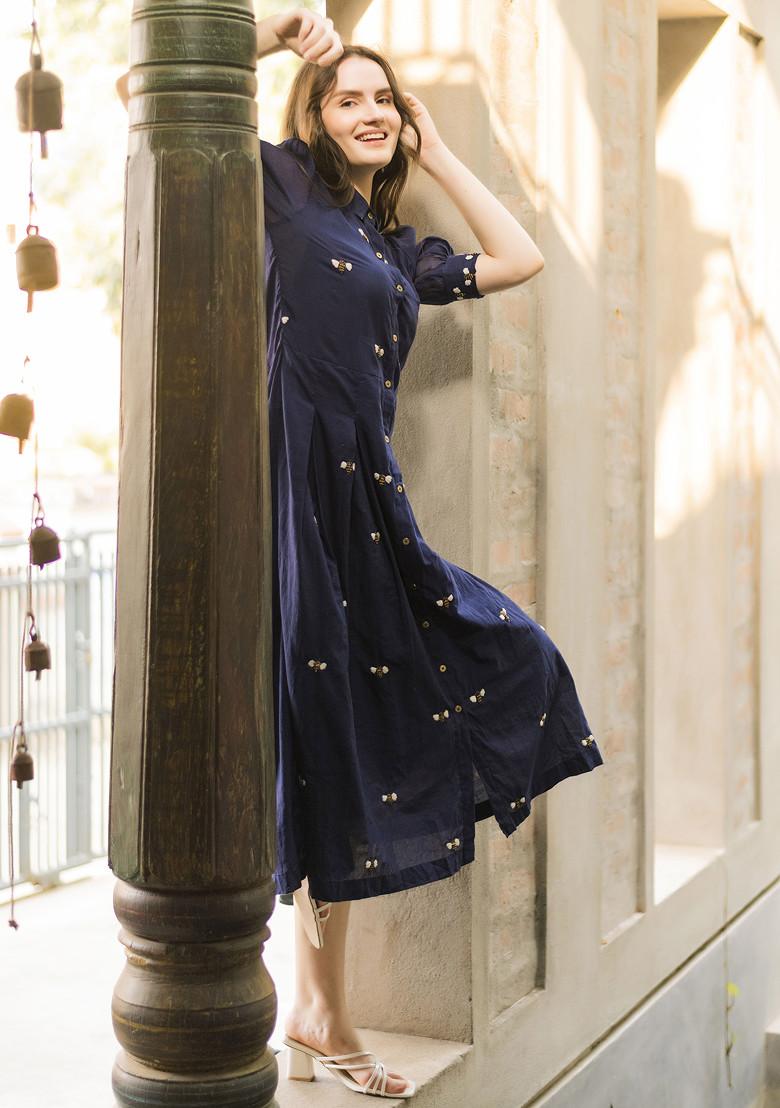 Blue Embroidered Handwoven Malai Chanderi Dress - Indya
