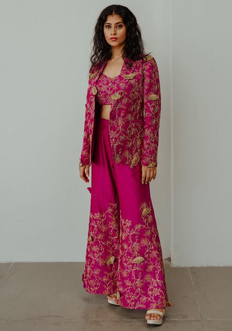 Magenta Resham Embroidered Jacket And Bustier Set