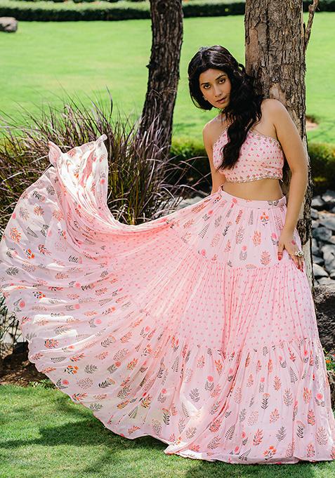 Blush Pink Floral Print Embroidered Skirt Set