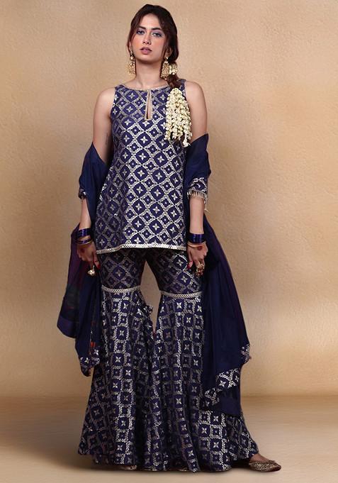 Deep Blue Floral Woven Brocade Vani Sharara Set