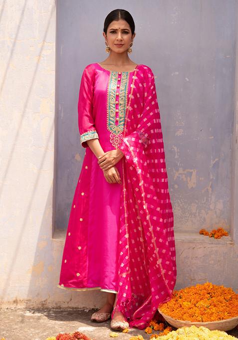 Rani Pink Hand Embroidered Shatoon Kurta Set