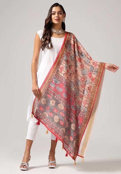 Peach Printed Linen Cotton Zari Dupatta