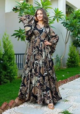 Cream and Black Printed Heavy Airtex Chinon Gown Dress