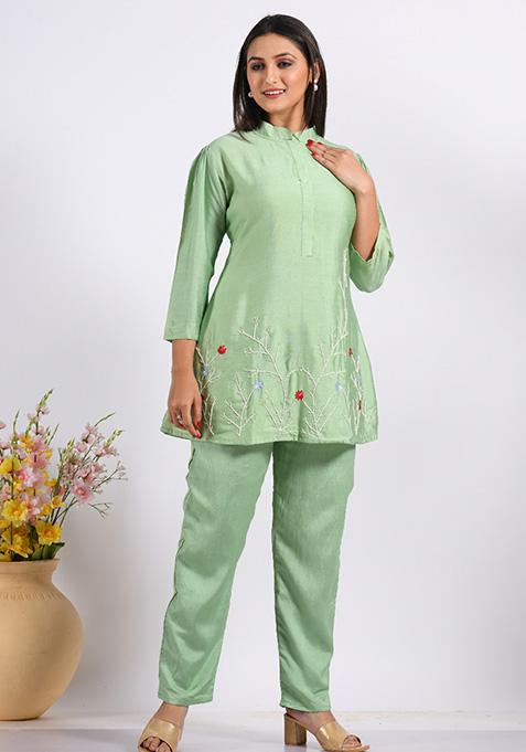 Green Embroidered Cotton Blend Palazzo Set