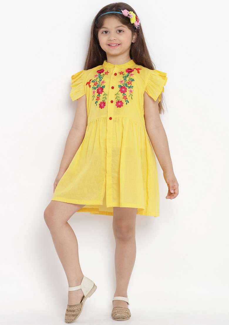 Yellow Embroidered Cotton Dress - Indya