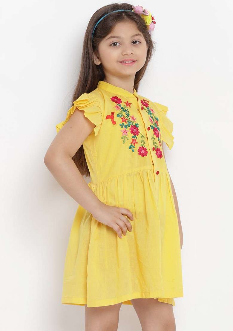 Yellow Embroidered Cotton Dress - Indya