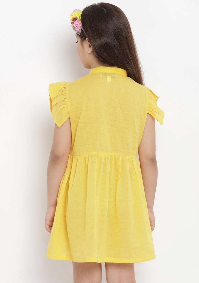 Yellow Embroidered Cotton Dress - Indya