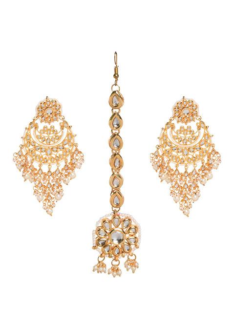 Pearl Bead Kundan Mangtika With Chandbali Earrings