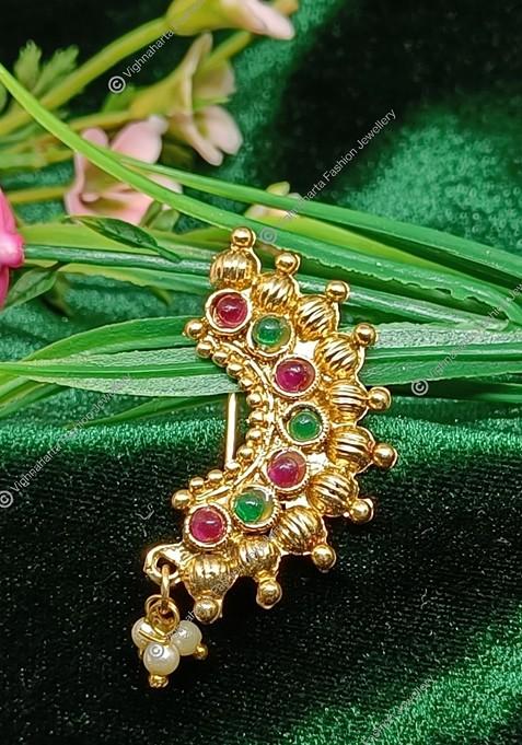 Gold Plated Alloy Pearl Cz Stone Maharashtrian Nath