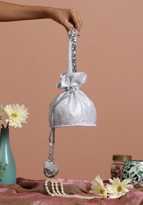 Silver Georgette Embellished Potli Bag