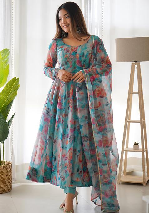 Sky Blue Printed Soft Organza Silk Anarkali Set