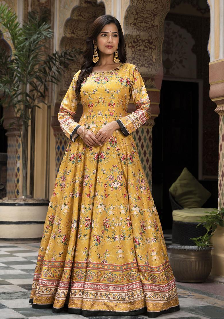 Yellow Digital Print Dola Silk Anarkali Gown With Dupatta