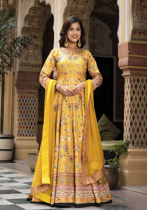 Yellow Digital Print Dola Silk Anarkali Gown With Dupatta