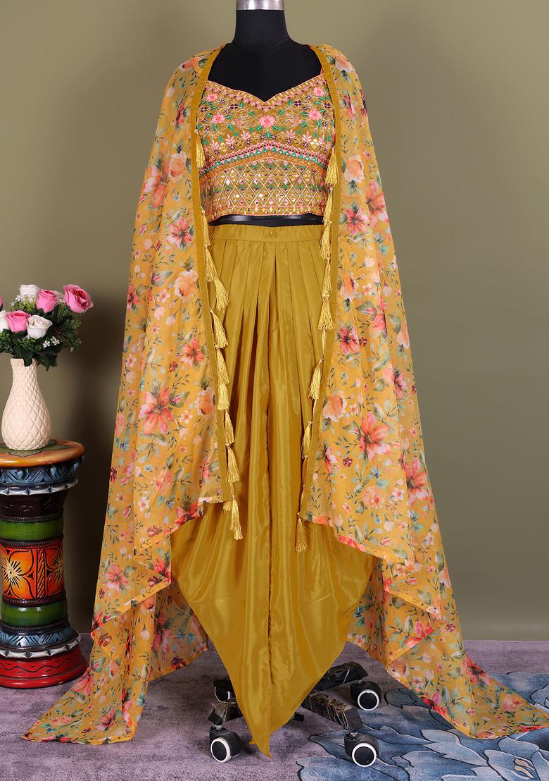 Lari Pima Satin Printed Mustard Kurta Set