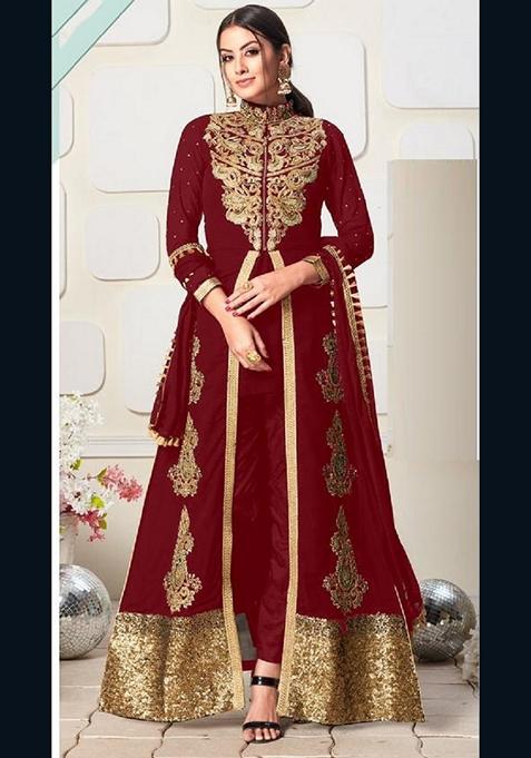 Maroon Embroidered Georgette Anarkali Gown Set