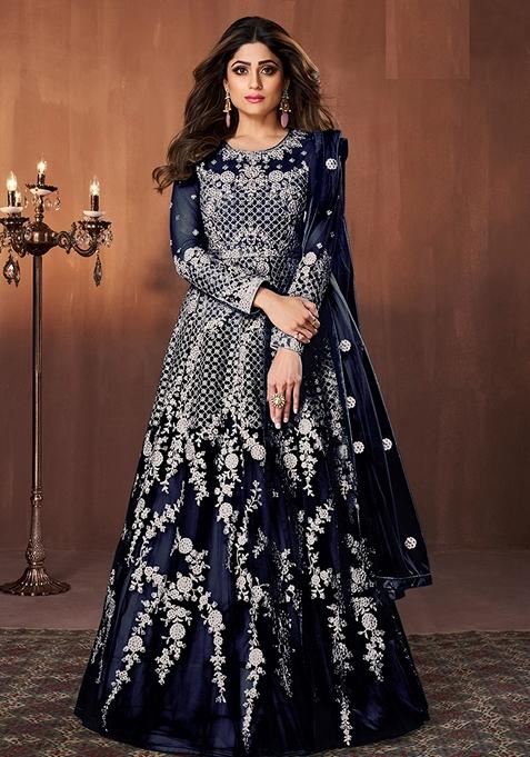 Navy Blue Embroidered Net Kurta Set