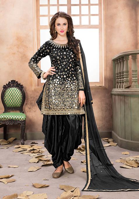 Black Mirror Work Taffeta Silk Kurta Set