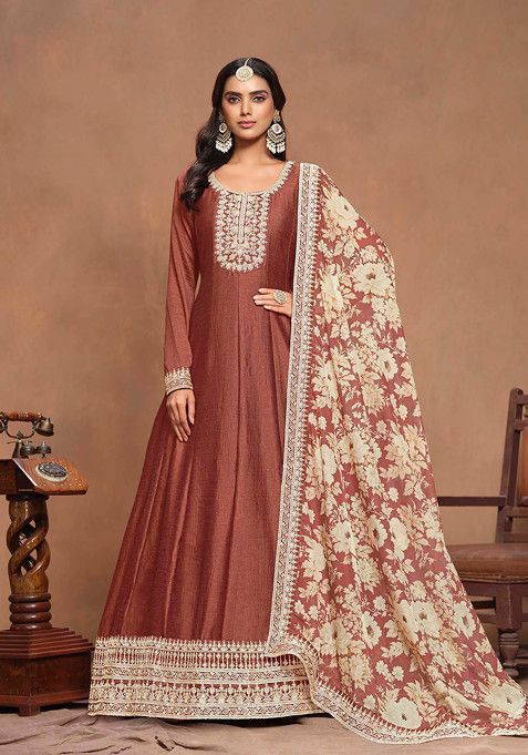 Brown Thread Embroidered Work Art Silk Anarkali Set