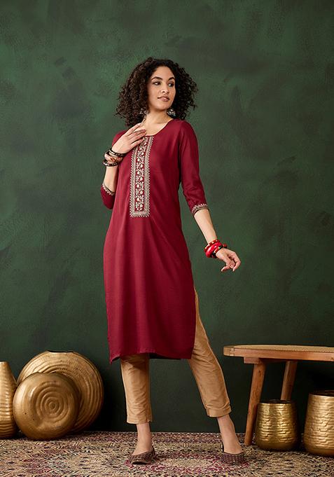 Maroon Resham Embroidered Art Silk Kurta