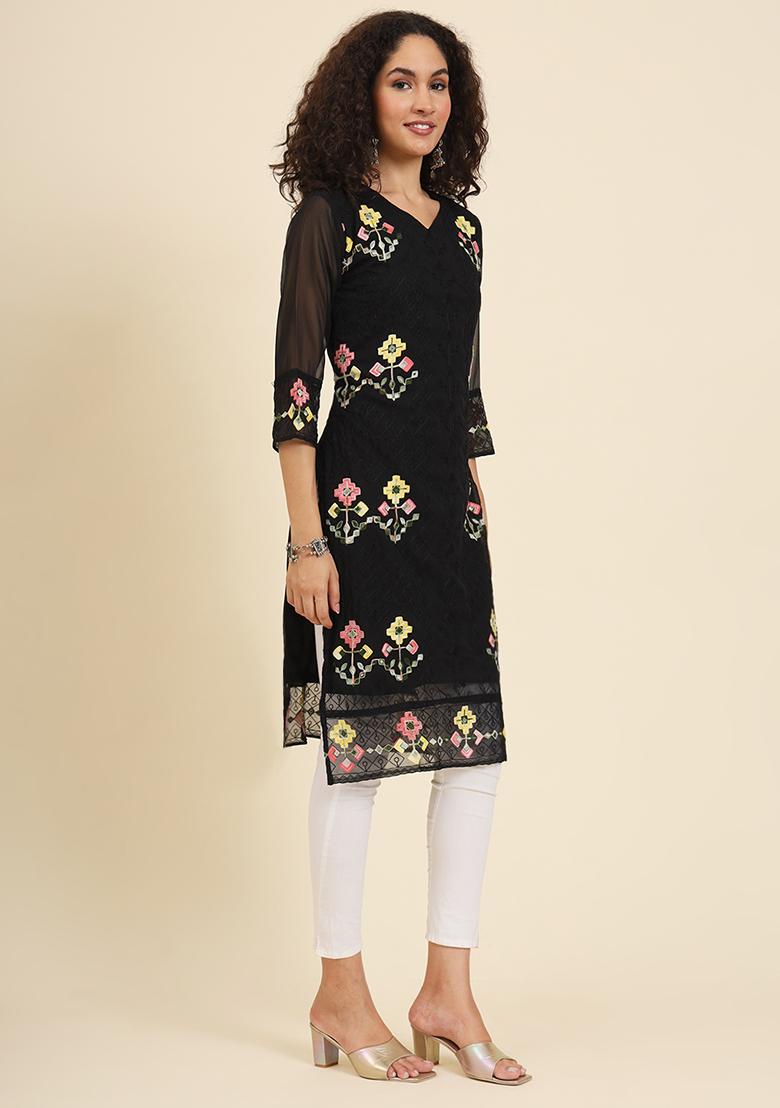 Black Resham Embroidered Georgette Kurta - Indya