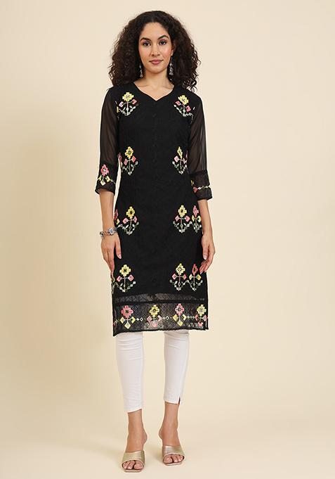 Black Resham Embroidered Georgette Kurta