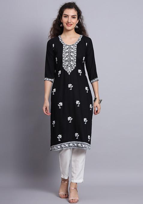 Black Resham Embroidered Rayon Kurta