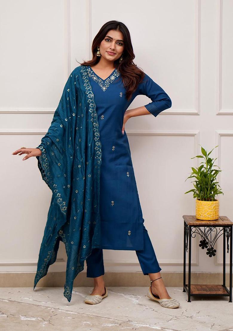 Teal Blue Zari Embroidered Chanderi Kurta Set