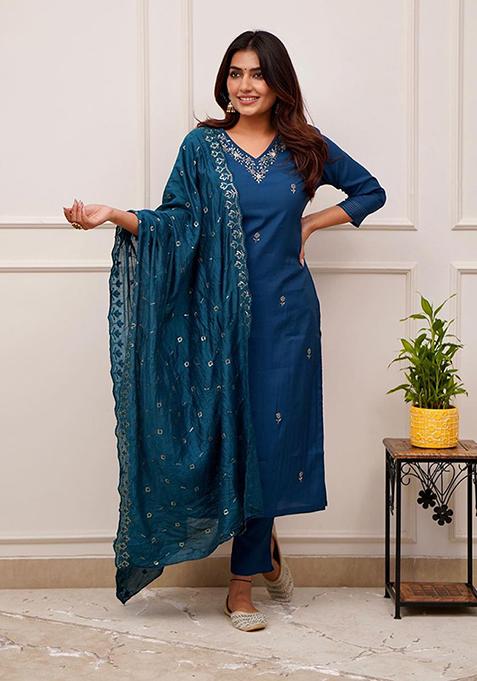 Teal Blue Zari Embroidered Chanderi Kurta Set