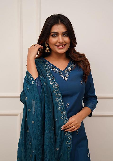 Teal Blue Zari Embroidered Chanderi Kurta Set