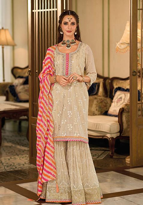 Beige Embroidered Georgette Kurta Set