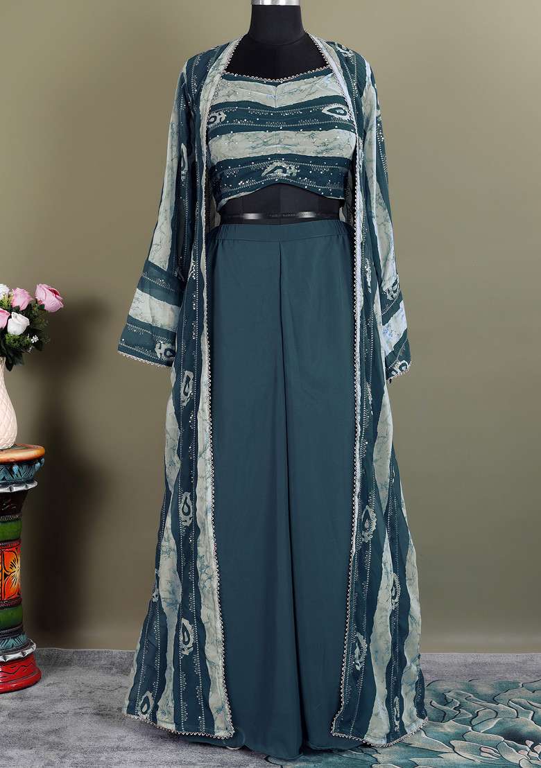 Teal Blue Embroidered Crepe Co Ord Set for Diwali | Wedding & Festive Wear - Indya