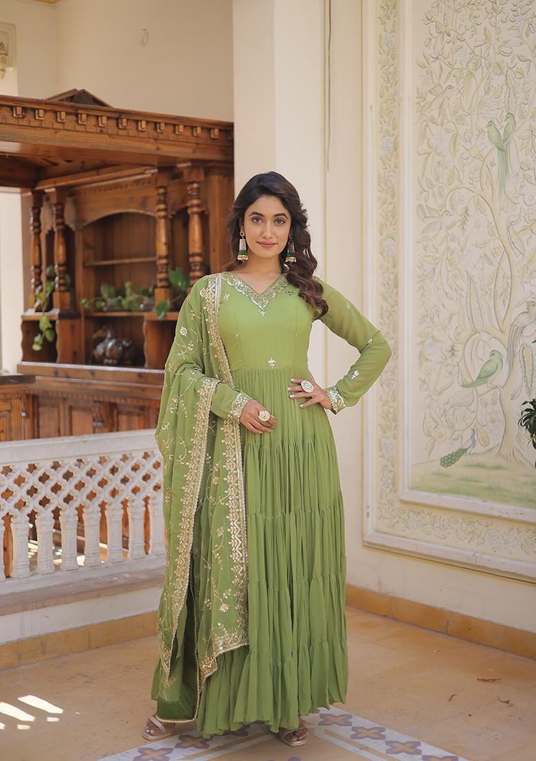 Green Embroidered Georgette Kurta Set