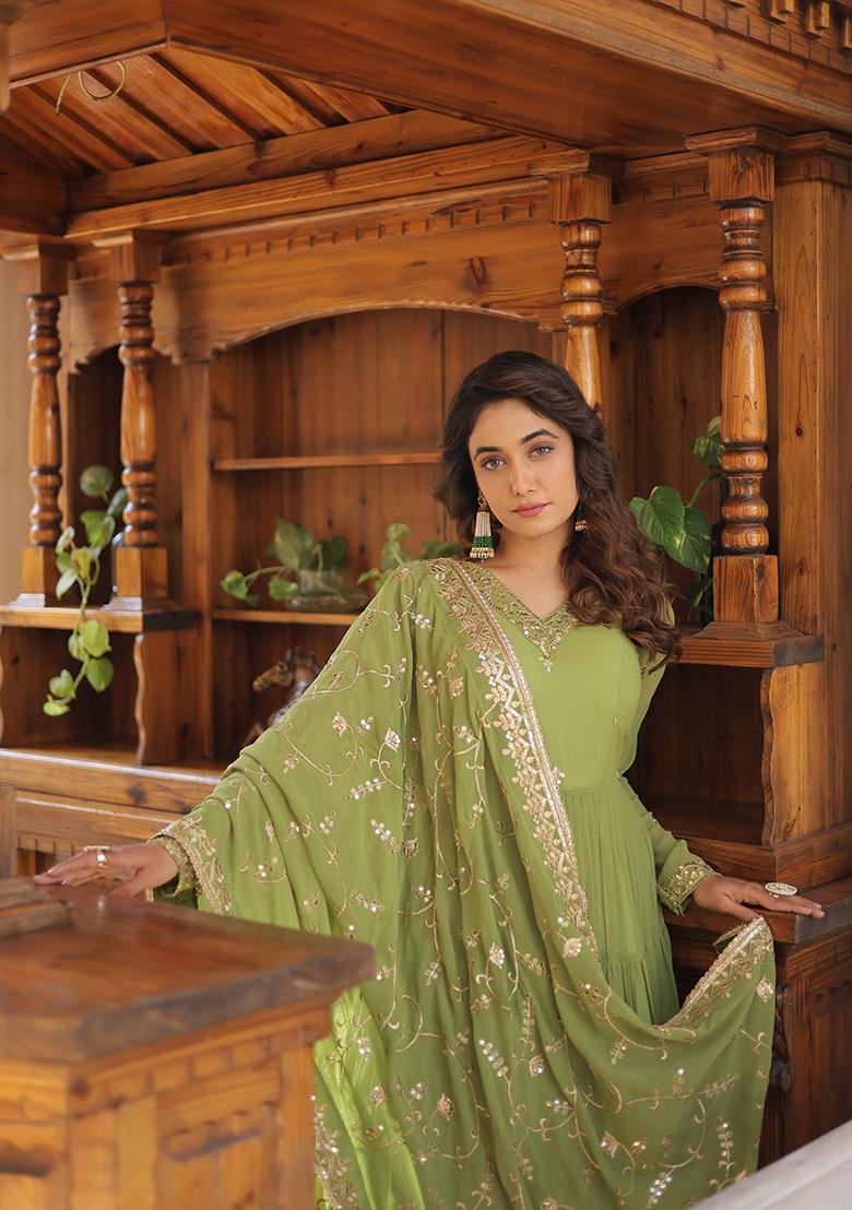 Green Embroidered Georgette Kurta Set