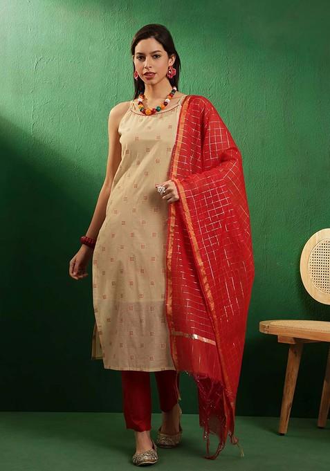 Beige Boat Neck Chanderi Kurta Trousers And Dupatta Set