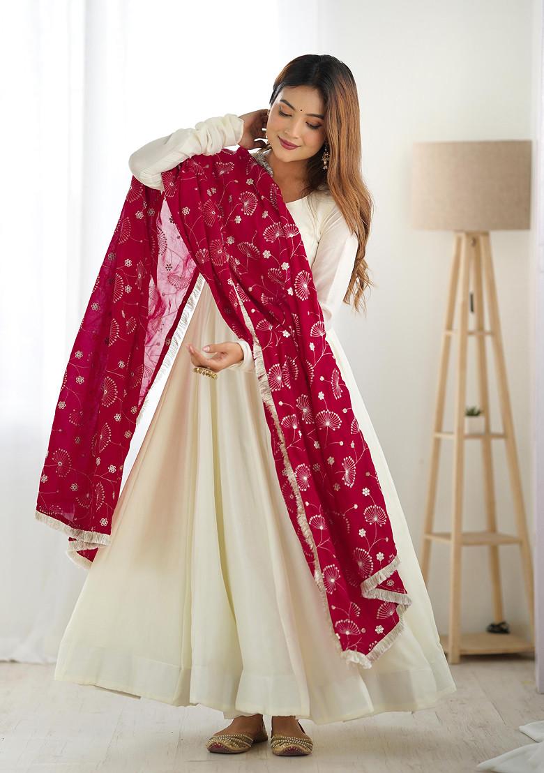 Off White Sequin Thread Embroidered Pure Vichitra Silk Anarkali Set