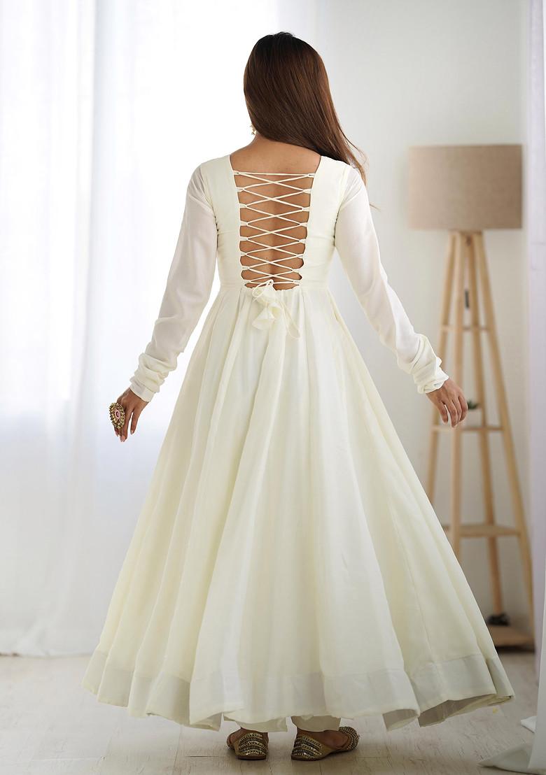 Off White Sequin Thread Embroidered Pure Vichitra Silk Anarkali Set