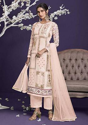 Light Peach Embroidered Georgette Kurta Set