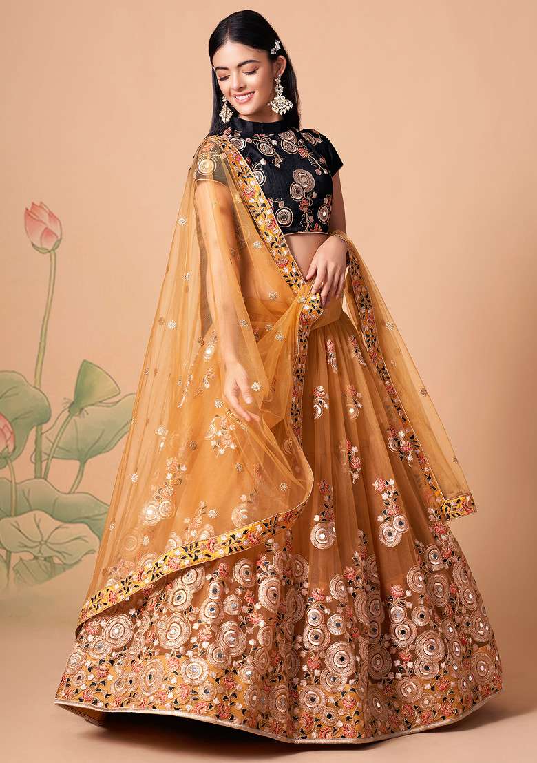 Gold And Black Soft Net Lehenga Set with Mirror Work for Diwali | Wedding & Festive Wear - Indya