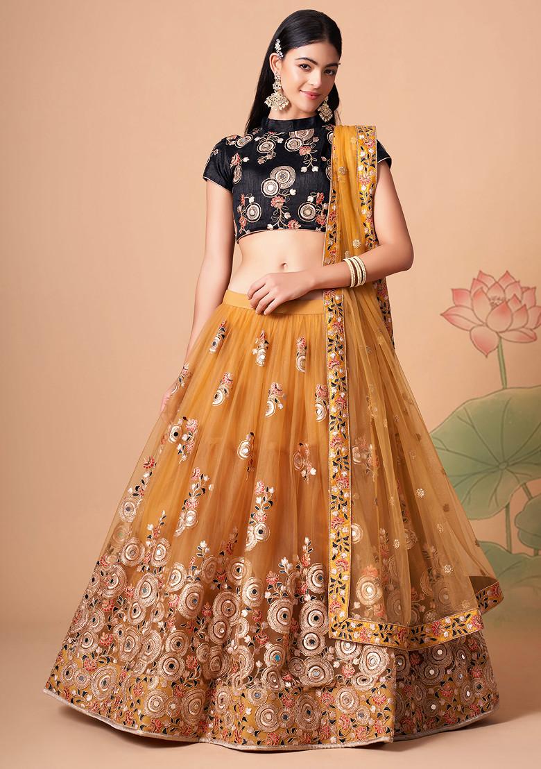 Gold And Black Mirror Work Soft Net Lehenga Set - Indya