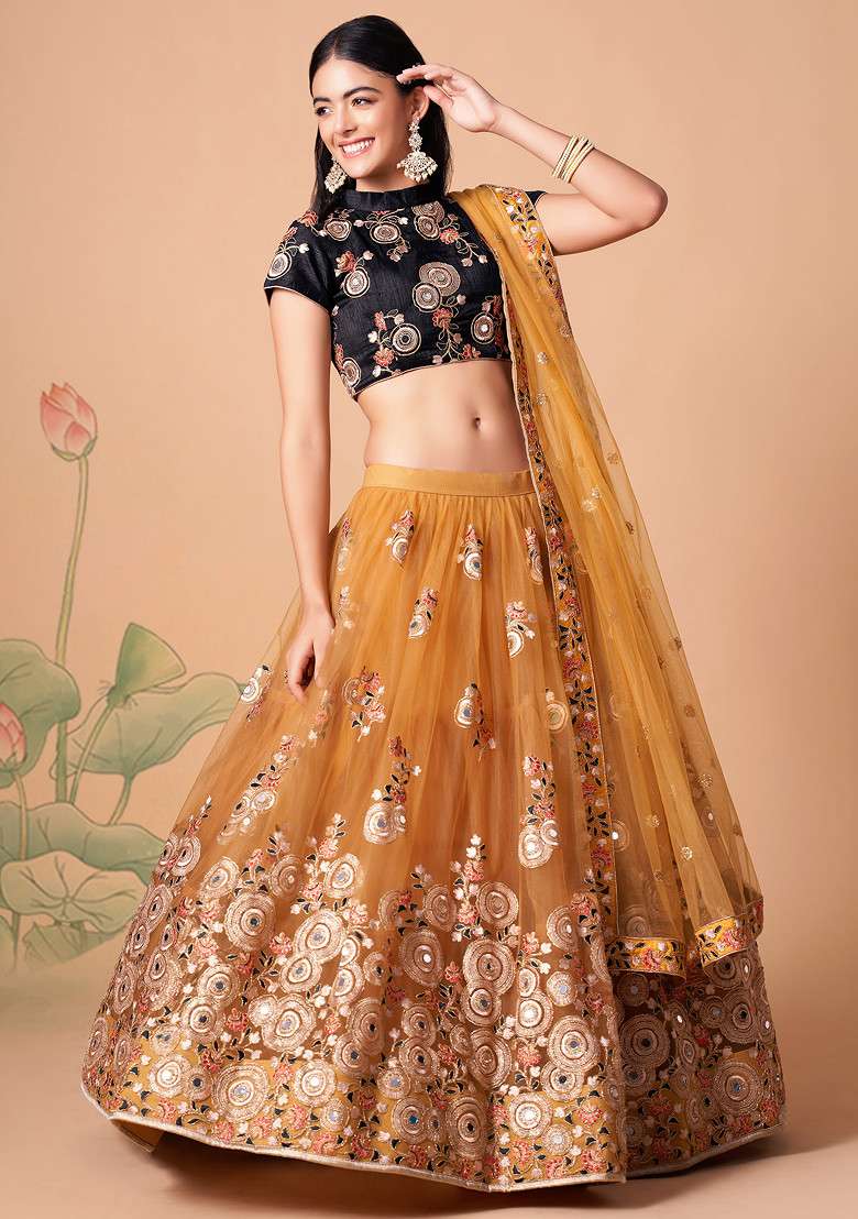 Gold And Black Soft Net Lehenga Set with Mirror Work for Diwali | Wedding & Festive Wear - Indya