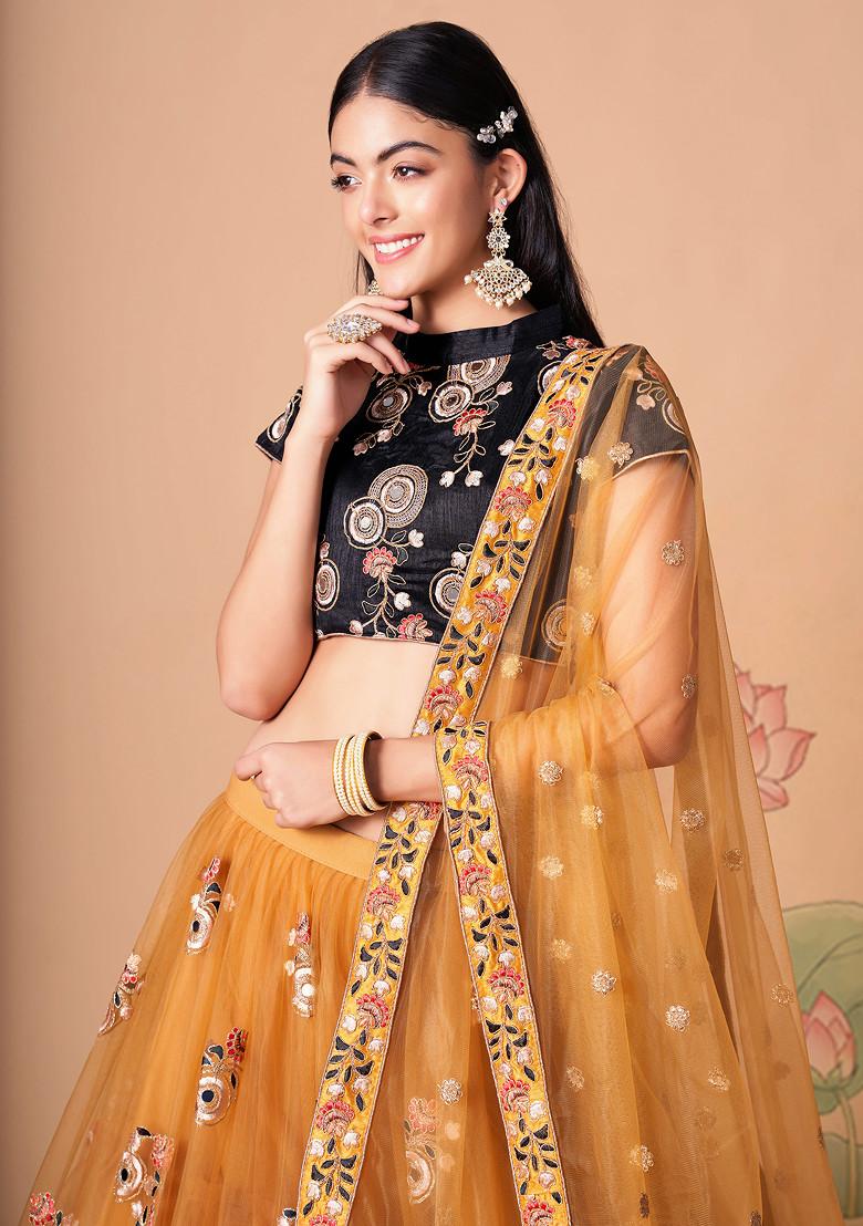 Gold And Black Mirror Work Soft Net Lehenga Set - Indya