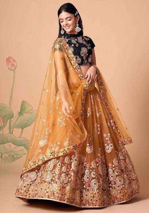 Gold And Black Mirror Work Soft Net Lehenga Set