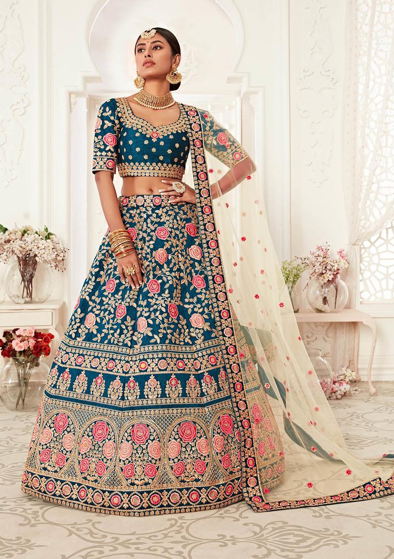 Blue Sequin Embroidered Slub Silk Lehenga Set - Indya