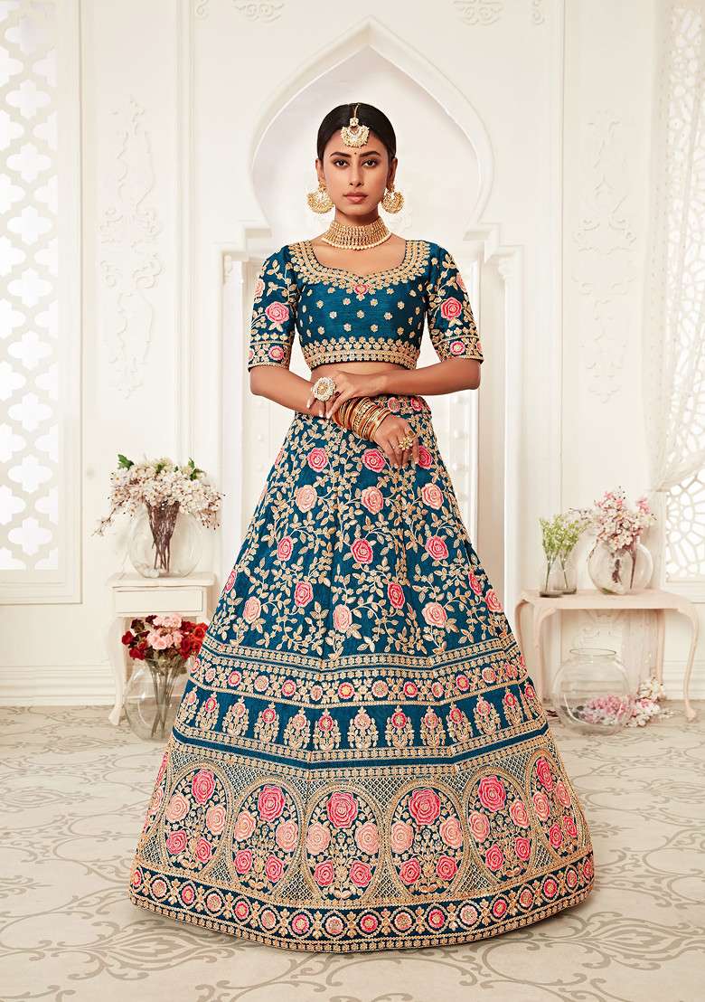 Blue Sequin Embroidered Slub Silk Blend Lehenga Set for Diwali and Festive Wear - Indya