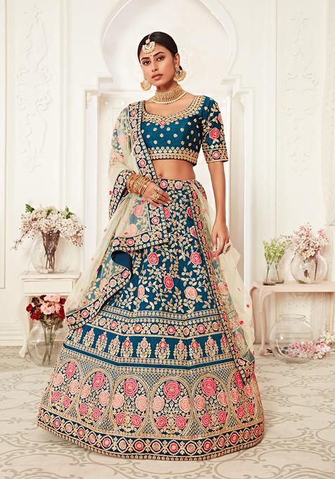 Blue Sequin Embroidered Slub Silk Lehenga Set