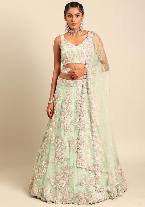 Lime Green Thread Embroidered Net Lehenga Set