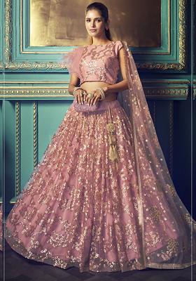 Purple Thread Embroidered Net Lehenga Set