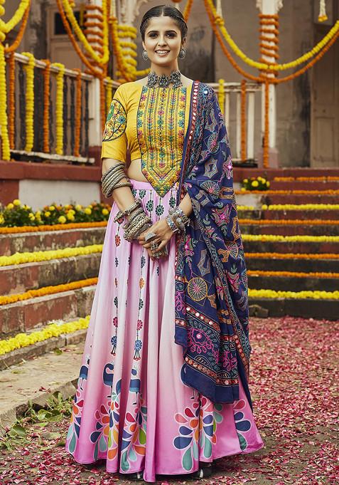 Pink Thread Embroidered Muslin Cotton Lehenga Set